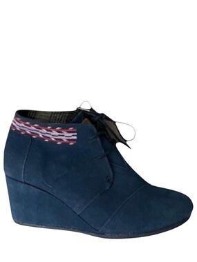Toms Suede Ankle Booties Women’s 9.5 Blue Leather Embroidered Wedge Heel‎